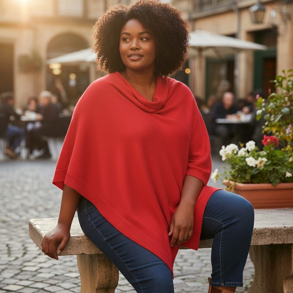 The Cashmere Project Poncho Womens One Size Red Pure Cashmere Pullover Cape $396
